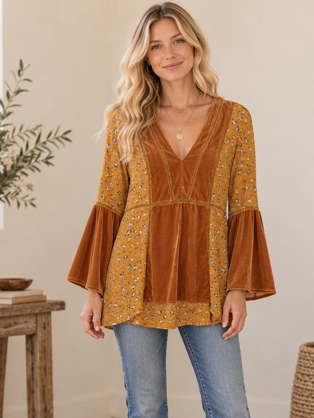 POL Boho Mustard Floral Velvet-Panel V-Neck Bell Sleeve Tunic